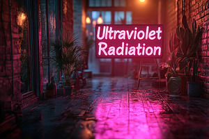 Ultraviolet Radiation Neon Sign In Urban Alleyway At Night