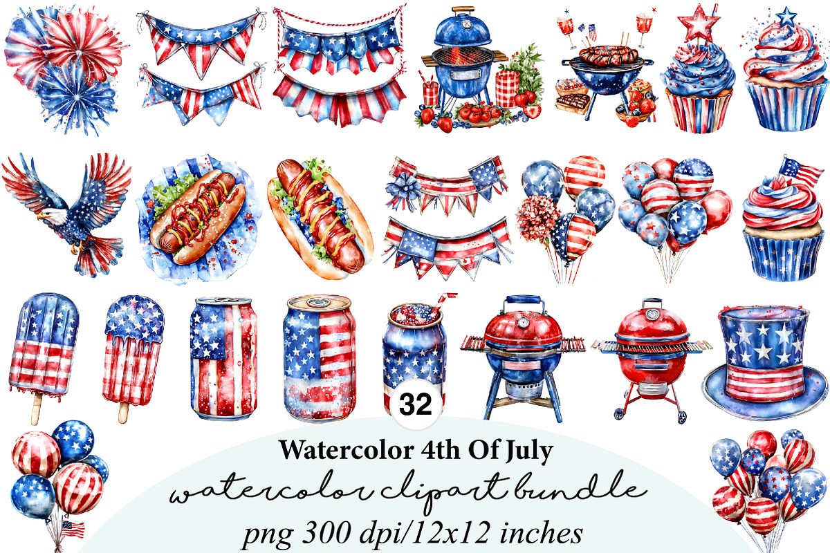 Watercolor 4th Of July Clipart, an Illustration by Digital Artistic99 (Photo 1 of 9)