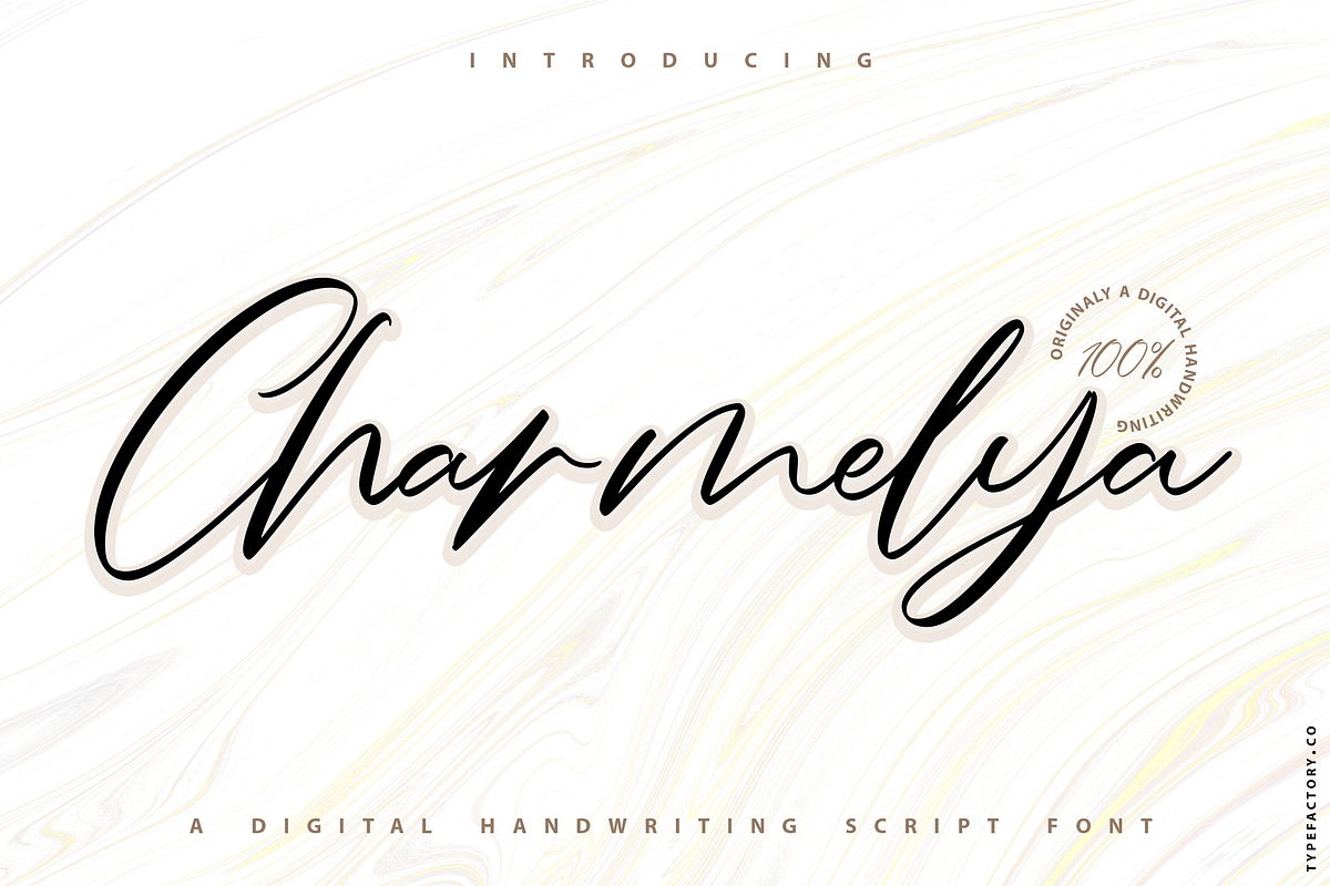Charmelya – Handwriting script font, a Script Font by Typefactoryco (Photo 1 of 7)