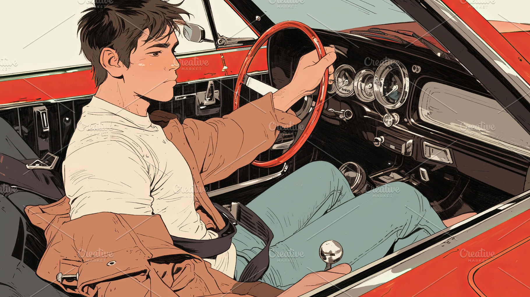 Teenager driving a classic red car, showcasing a vintage driving experience, a Photo by AS photostudio