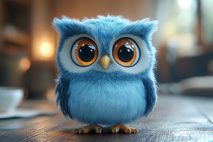 Cute blue owl with large eyes stands, a Photo by Tanuart