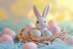 Ceramic easter bunny with painted easter eggs, a Photo by AlyaAnd