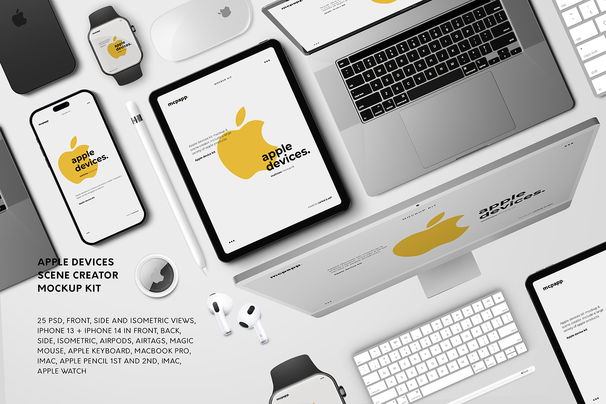 Apple Devices Mockup Kit, a Pens & Pencil Mockup by Catkie - Digital Art (Photo 1 of 26)