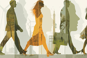 People walking in a cityscape with nature silhouettes, symbolizing ecology, bus, an Illustration by AS photostudio