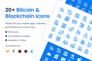 Bitcoin and Blockchain Icons, an Outline Icon by Brickclay