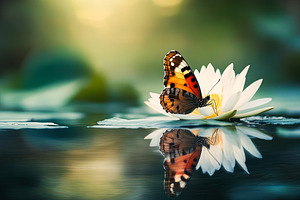 Butterfly on Water Lily with Reflection, an Animal Photo by Ales Munt