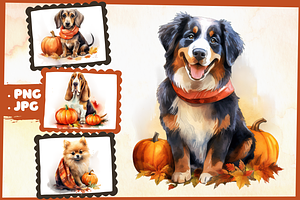 Fall Dogs With Pumpkins Watercolor