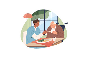 Nurse feeding elderly man at nursing, a Healthcare Illustration by Elegant Solution