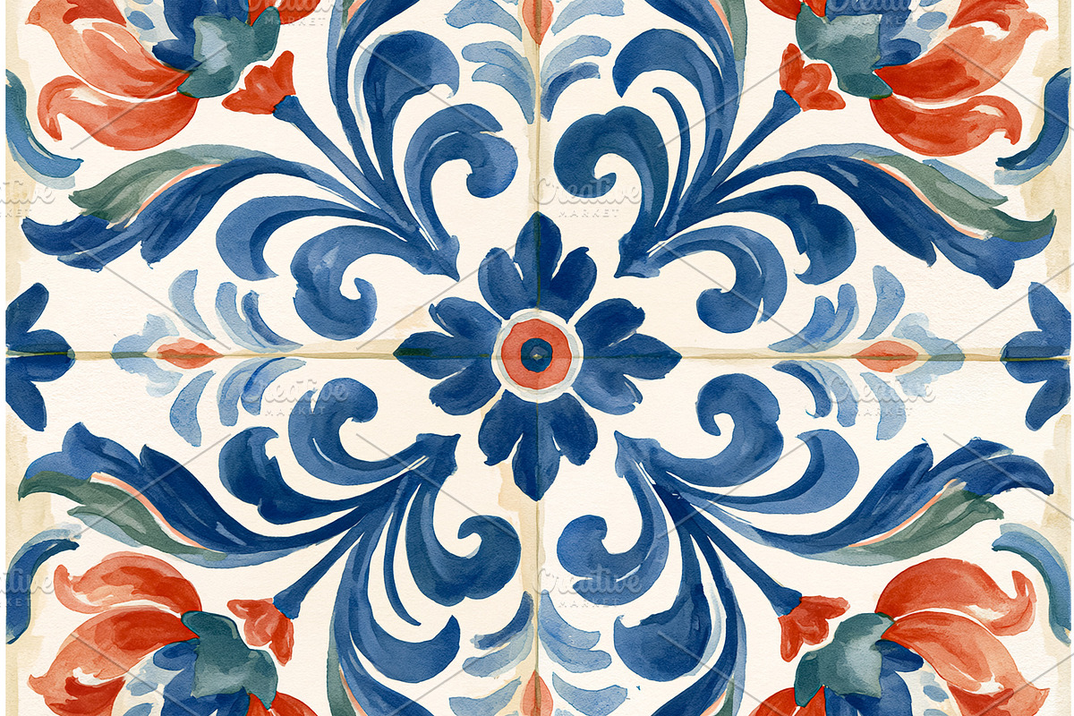 Mediterranean ceramic tile pattern with blooming flowers and swi, a Photo by Studio ANNA (Photo 1 of 2)