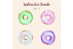 4 Hand painted watercolor donuts