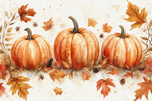 Autumn Watercolor Pumpkins and Leave, a Background Photo by Pixeness Studio