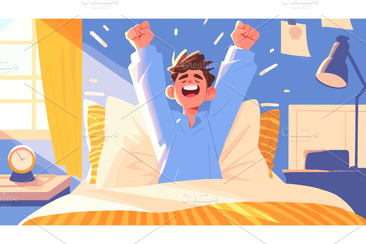 Man waking up. Cartoon happy, a Person Illustration by Stock-Smart-Start