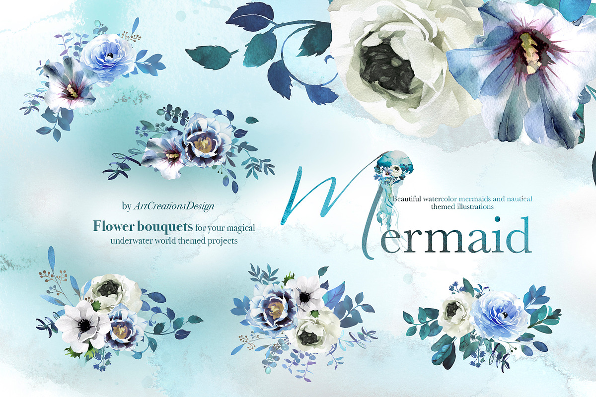 Hand-Painted Mermaid Clipart Set, a Person Illustration by ArtCreationsDesign (Photo 7 of 24)