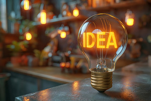 A glowing light bulb with 'IDEA' illuminated, set against a cozy, dimly lit wor, a Business Photo by ImageMir