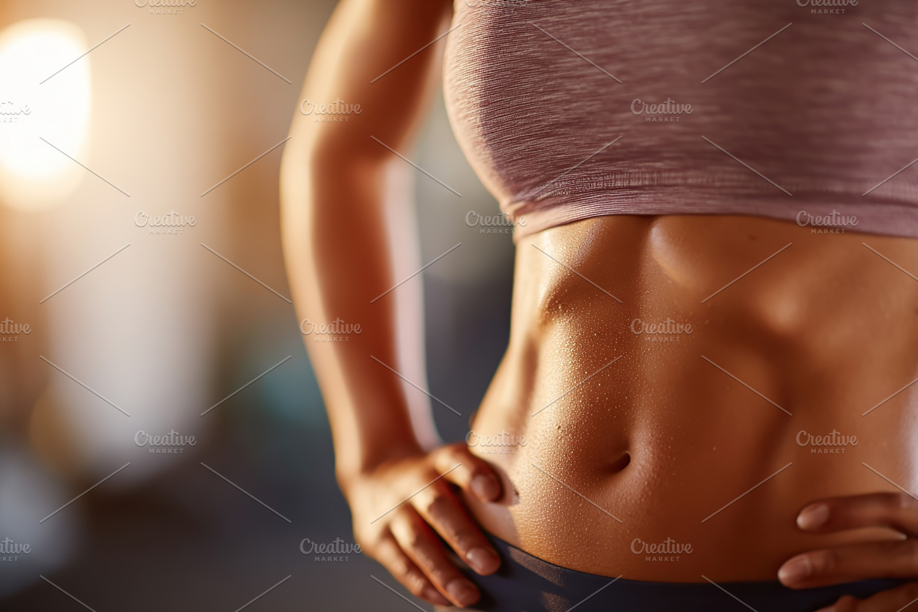 Fit young woman showcasing toned abs in a bright gym setting, a Sports & Recreation Photo by AlyaAnd