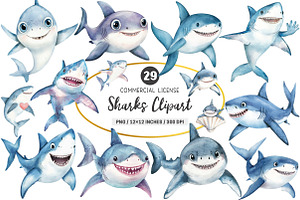 Watercolor Sharks Clipart PNG, an Illustration by SinaCreation