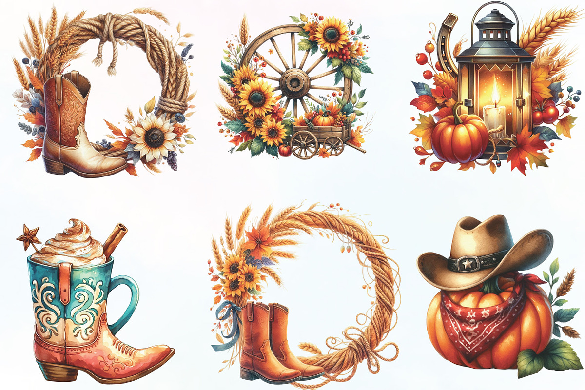 Watercolor Cowboy Autumn Clipart, an Illustration by CraftArtStudio (Photo 2 of 6)