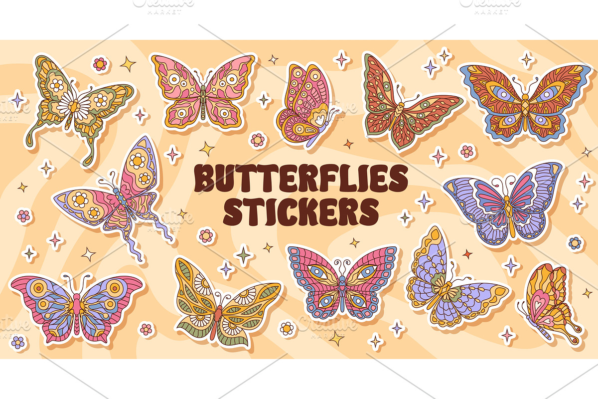 Groovy butterfly insects stickers, an Animal Illustration by Buch&Bee