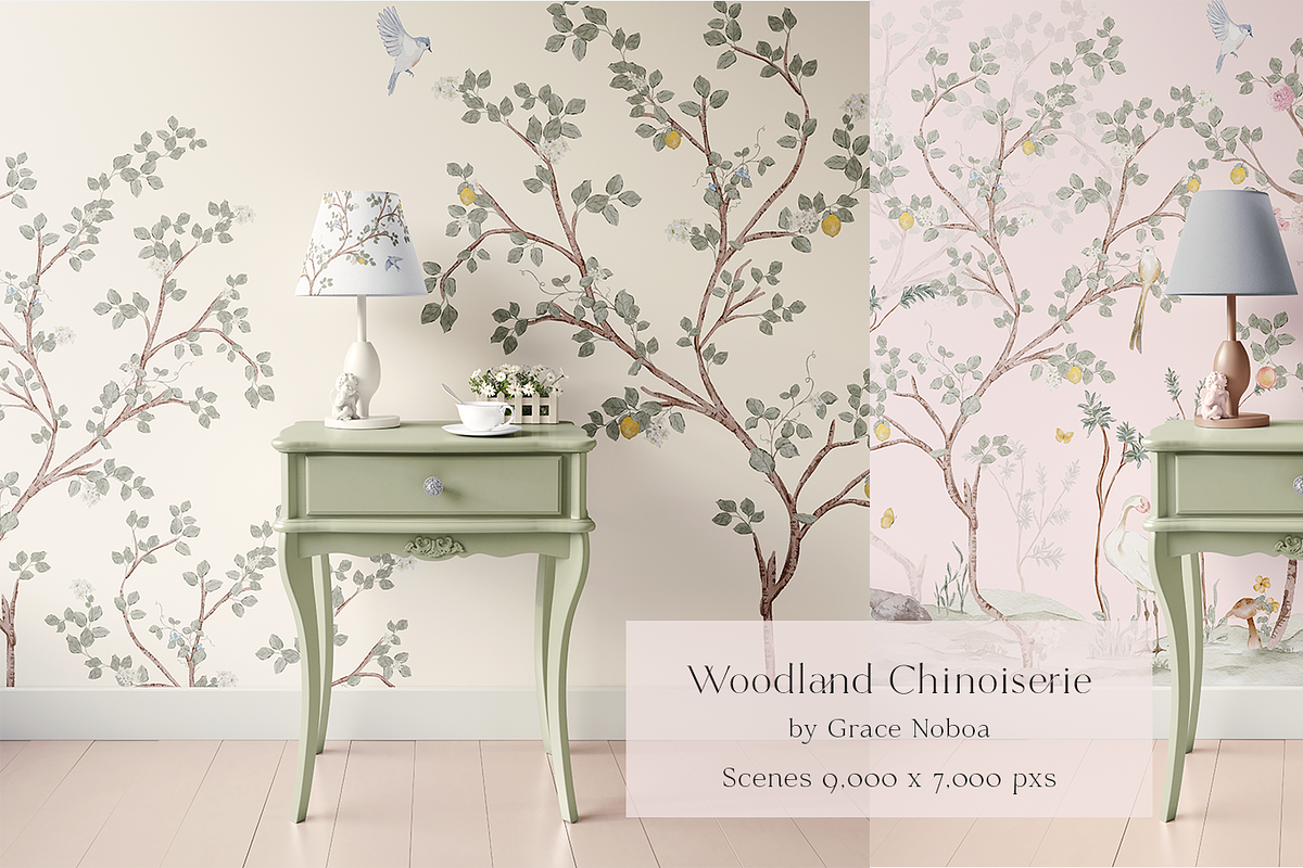 Woodland Chinoiserie Pattern scene, a Wallpaper Graphic by Grace Noboa Illustrations (Photo 7 of 14)
