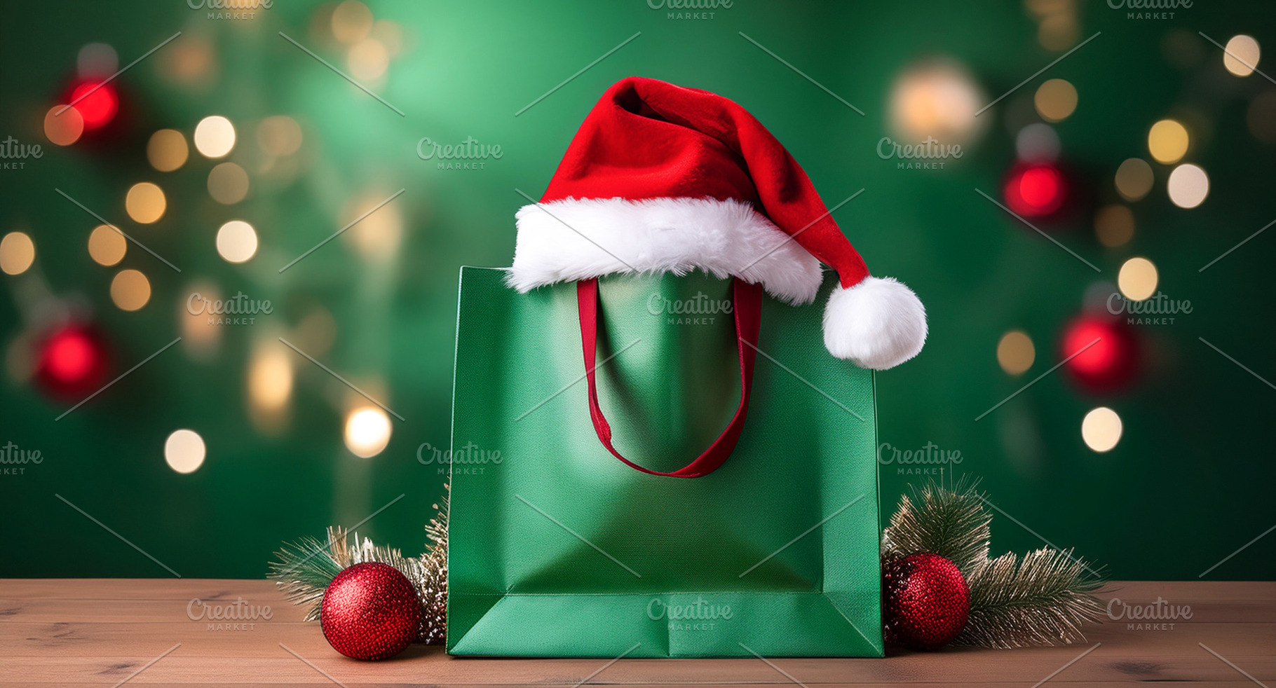Christmas shopping concept with green sack Santa hat and deco, a Holiday Photo by Davizro's Market