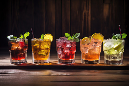Different alcohol cocktails on wooden table, a Food & Drink Photo by AlyaAnd