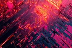 Abstract Circuit Board Neon Lights T, a Photo by Pixeness Studio