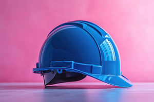 Blue safety helmet on a smooth surface with pink background in i, an Industrial Photo by AlyaAnd