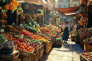 A vibrant market scene filled with colorful fruits and vegetables. Stalls are l, a Technology Photo by Textures & Backgrounds