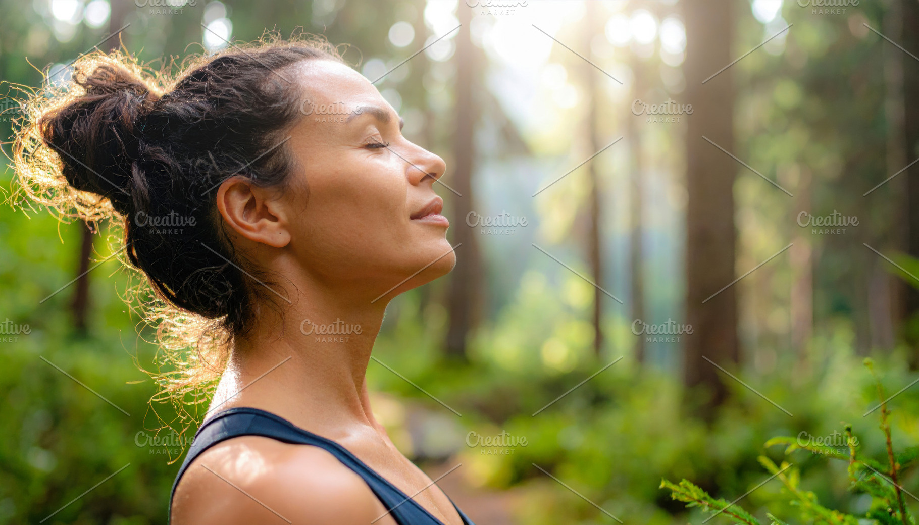 Woman Breathing Deeply in Peaceful Forest Light, a Person Photo by Davizro's Market