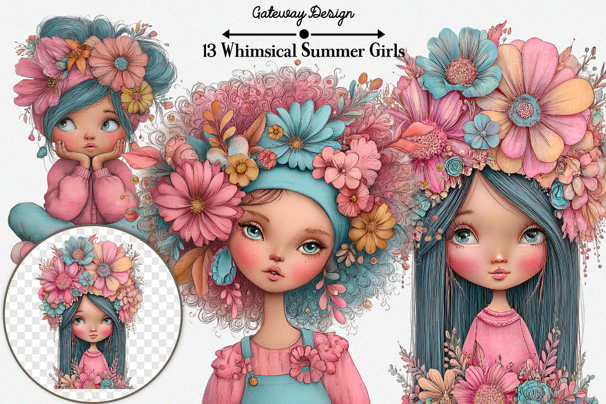Whimsical Summer Girls Clipart, an Illustration by GatewayDesign (Photo 3 of 3)