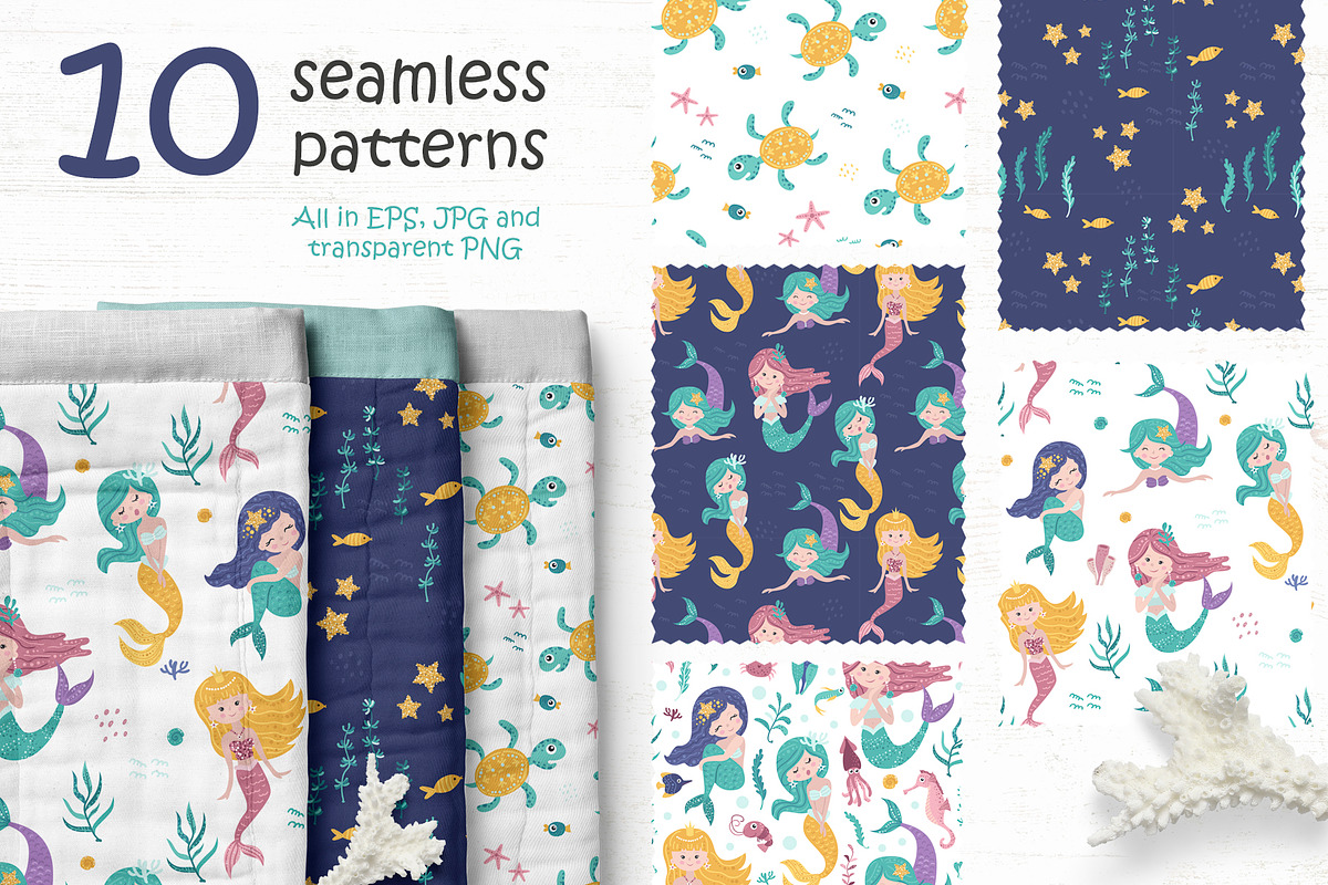 Mermaid Clipart & Pattern, a Wallpaper Graphic by Nafanya (Photo 5 of 9)