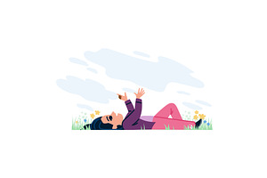 Young woman lying in grass enjoying, an Illustration by pikepicture