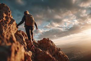 Woman hiker climbing mountain sunset, a Photo by Pixeness Studio