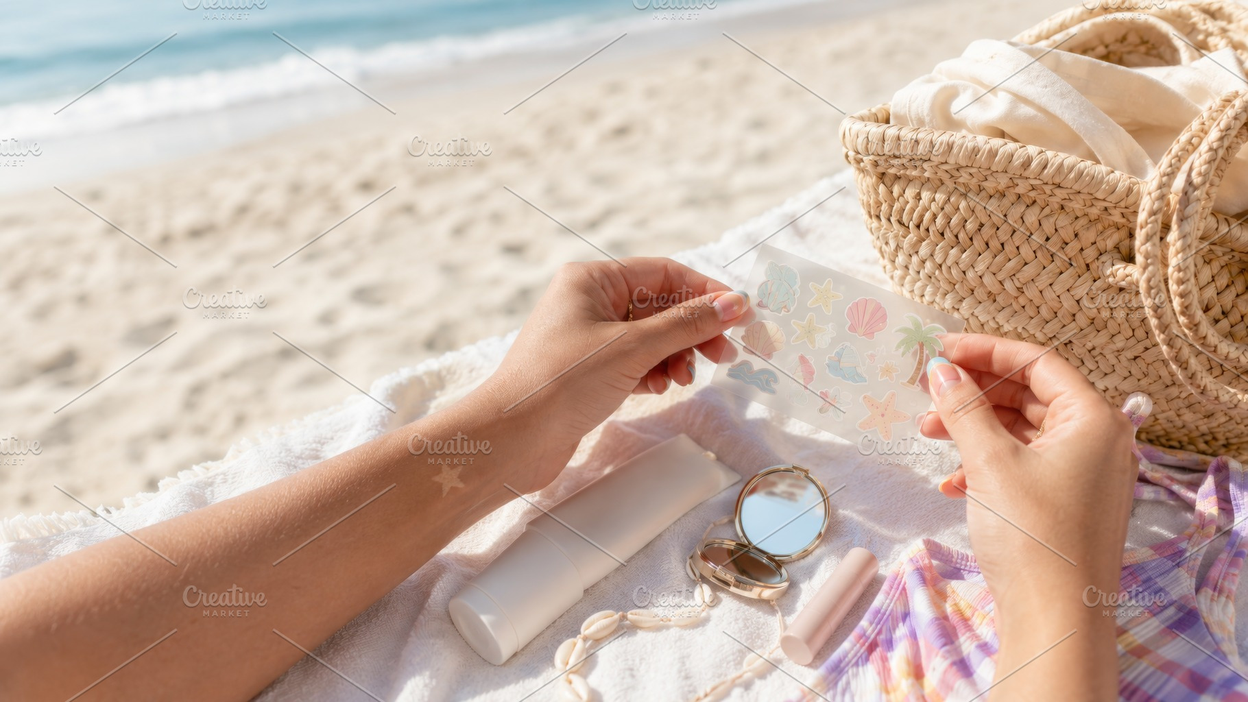 Beach scene with temporary suntan ta, a Photo by Dvoevnore photos