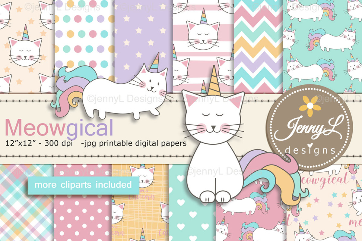 Caticorn Cat Digital Paper & Clipart, a Pattern Graphic by JennyL Designs (Photo 1 of 8)