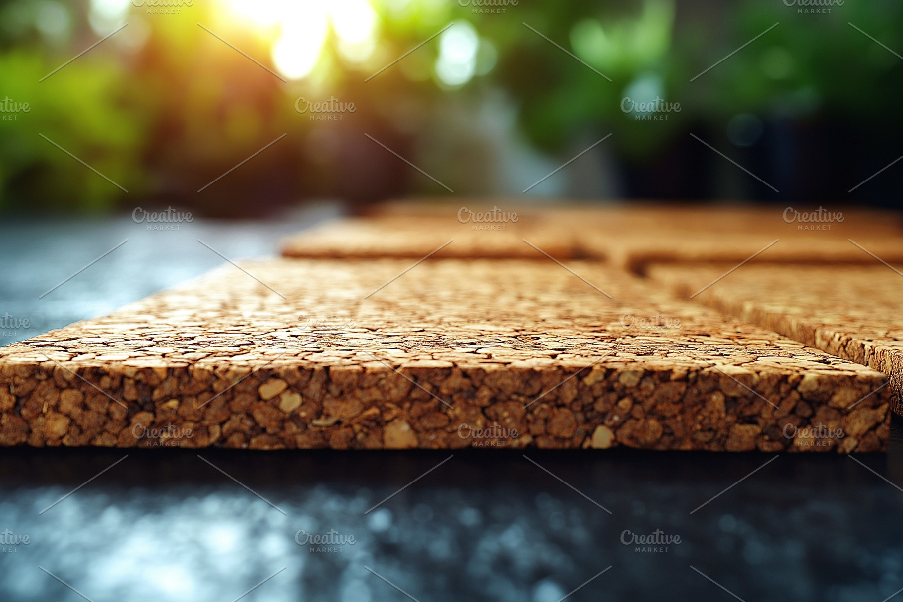 Close-up of natural cork tiles on a dark surface, illuminated by warm sunlight,, a Background Photo by ImageMir