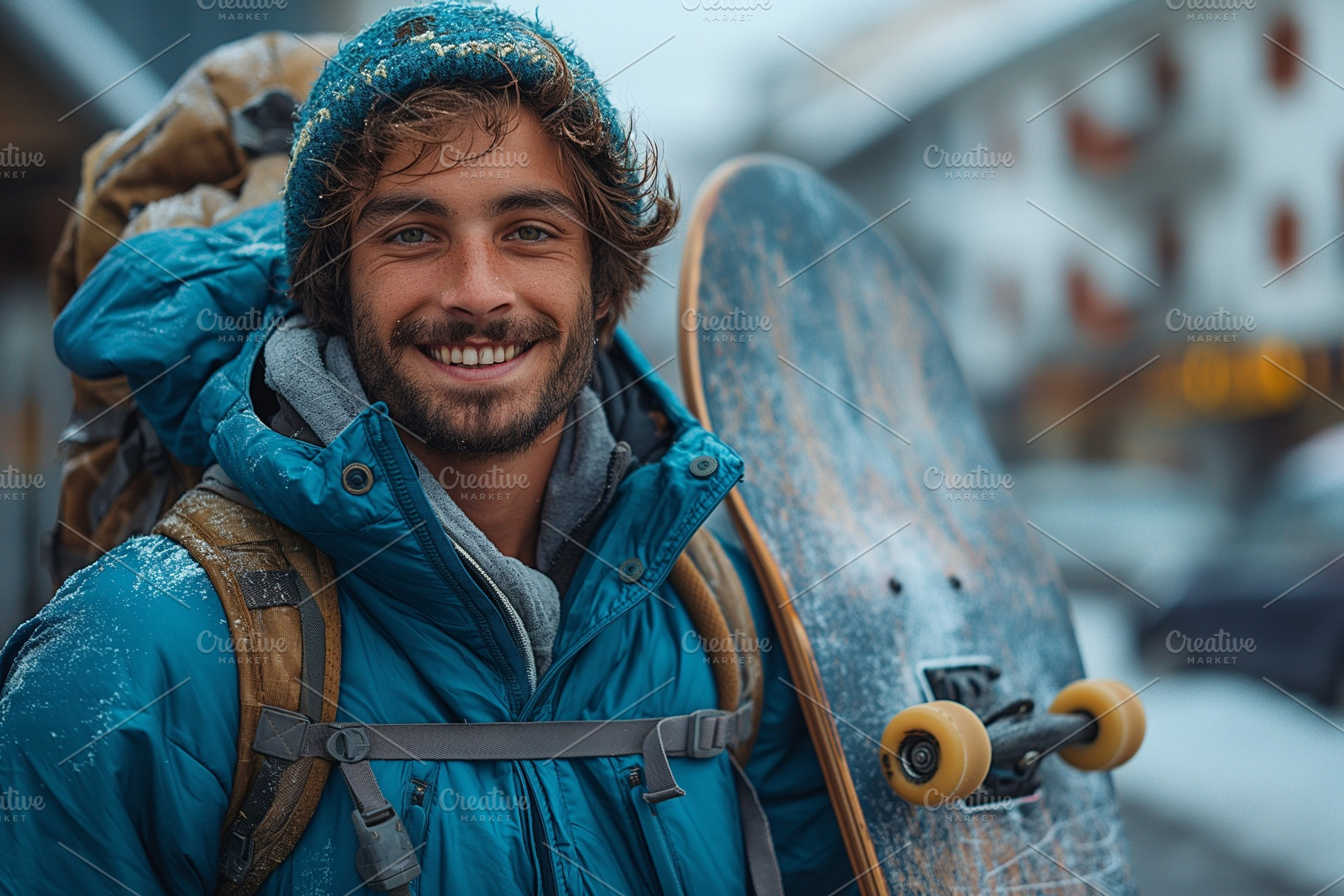 A smiling young man with a beard stands in a snowy setting, holding a skateboar, a Person Photo by ImageMir