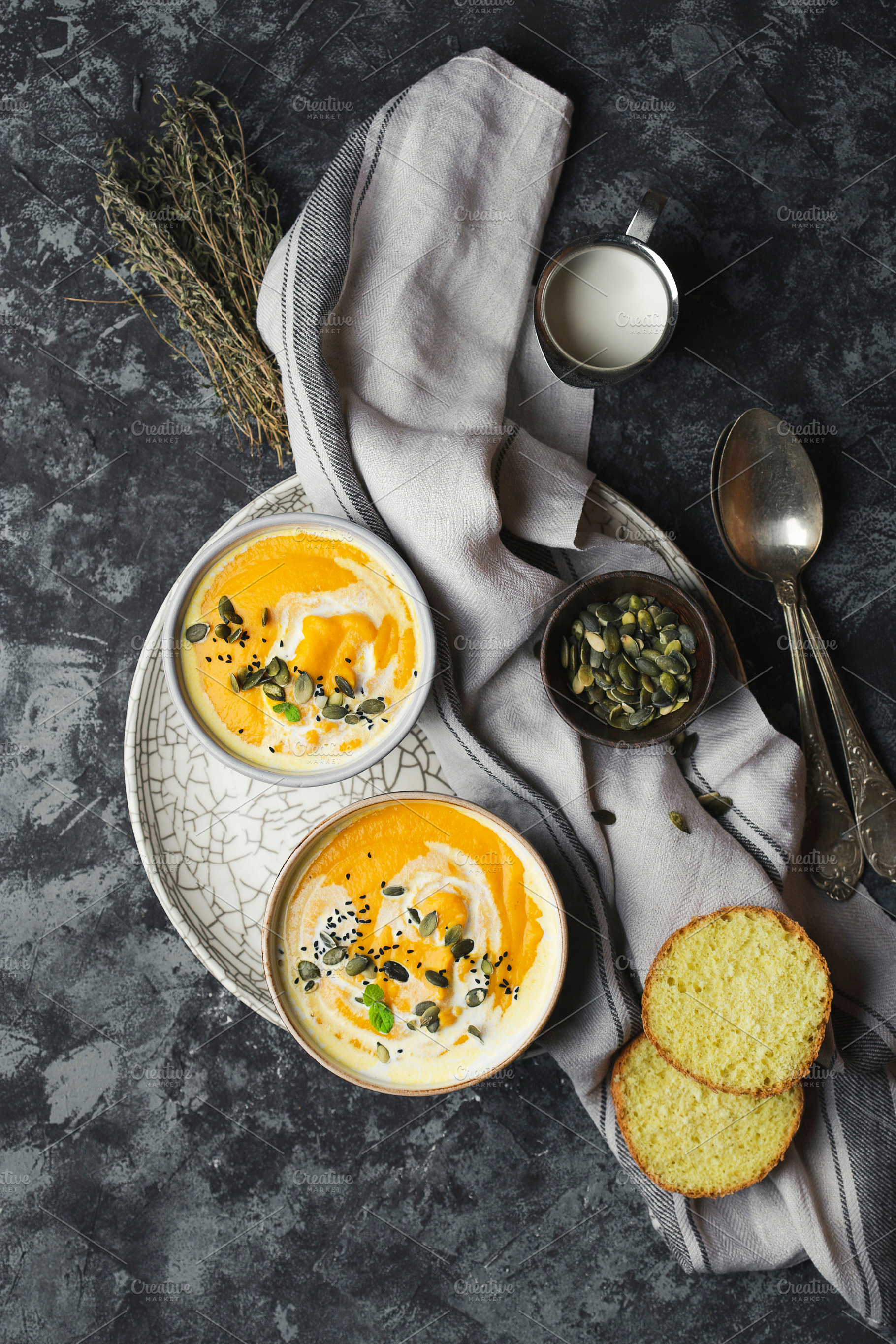 Pumpkin cream soup with lentils containing autumn, blended, and bowl, a Food & Drink Photo by Marina_Pronina