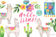 Hello, Llama watercolor clipart set, an Animal Illustration by Vivitta (Thumbnail 1 of 4)