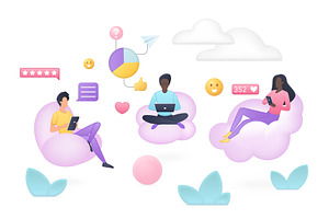 People engaging social media icons, a Technology Illustration by Lemberg Vector