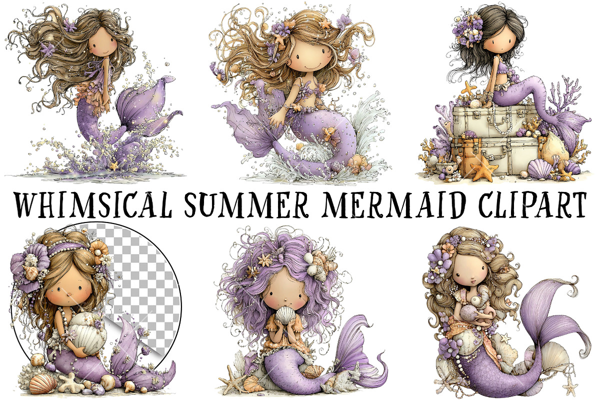 Whimsical Summer Mermaid Clipart, an Illustration by OK Design (Photo 2 of 6)