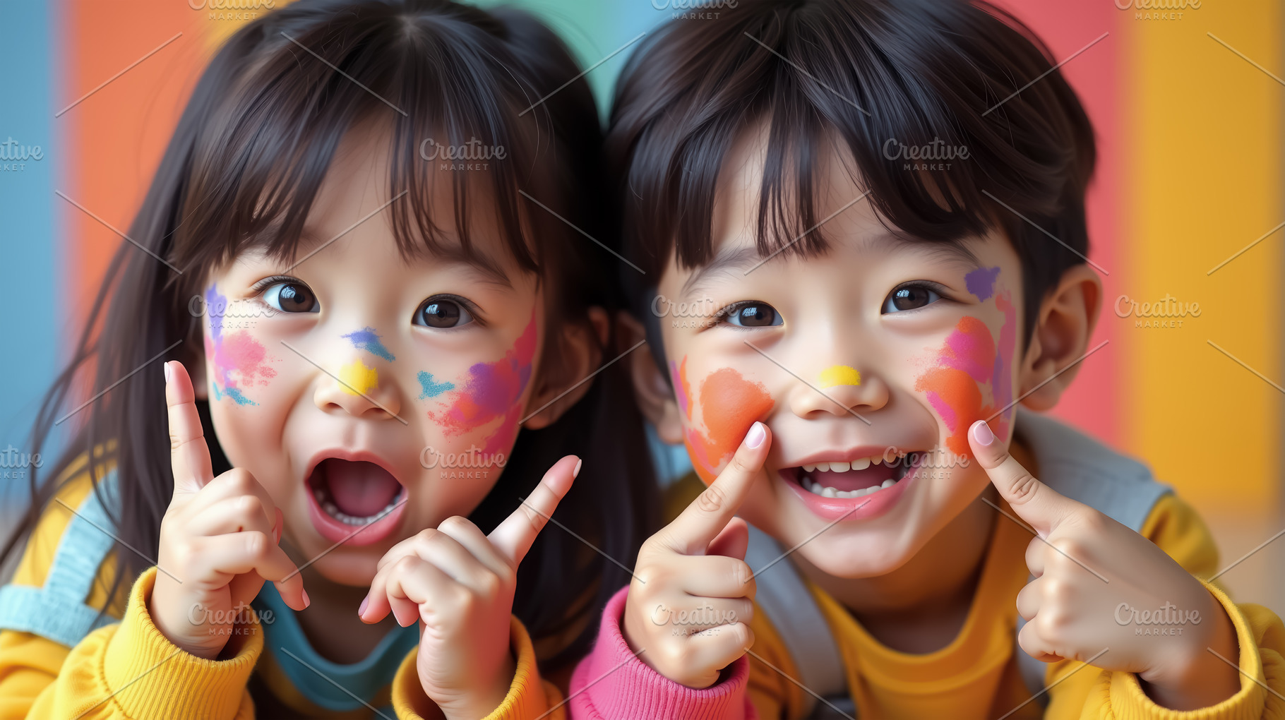 Happy children with face paint playi, a Person Photo by angellodeco