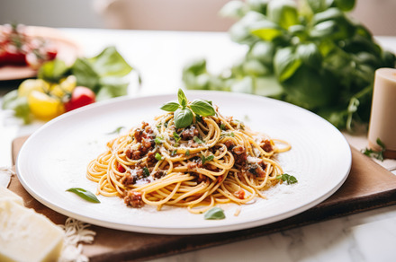 Italian spaghetti on a kitchen table, a Food & Drink Photo by Natalia Klenova's Shop