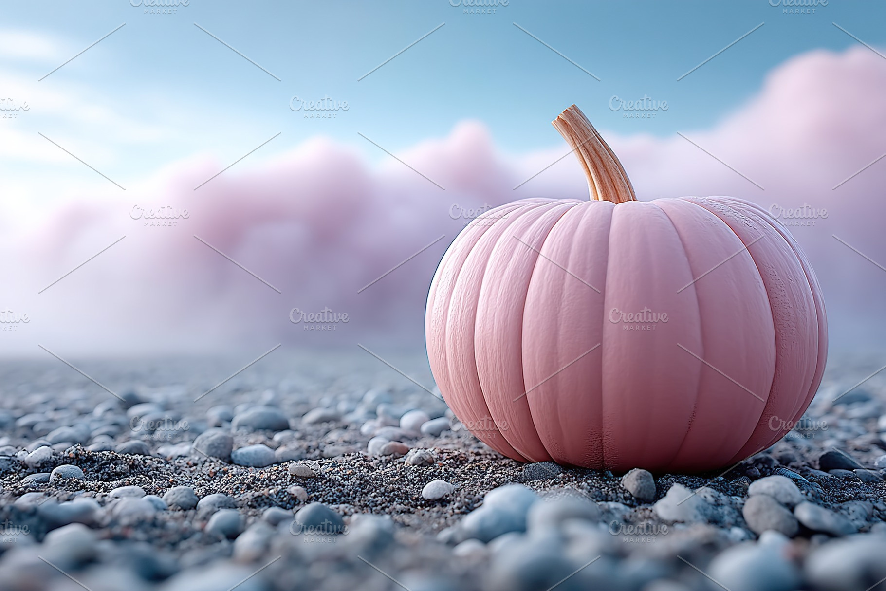 Pink pumpkin resting on pebbled beach with pastel clouds in the background duri, a Holiday Photo by AlyaAnd
