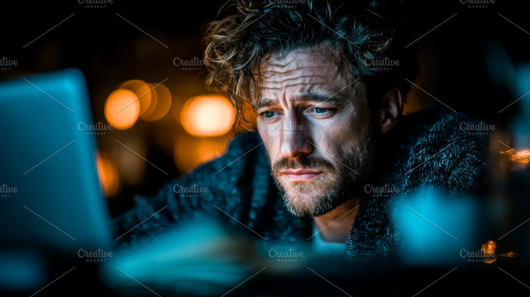 Man working late on a laptop with thoughtful and serious expression, a Person Photo by AS photostudio