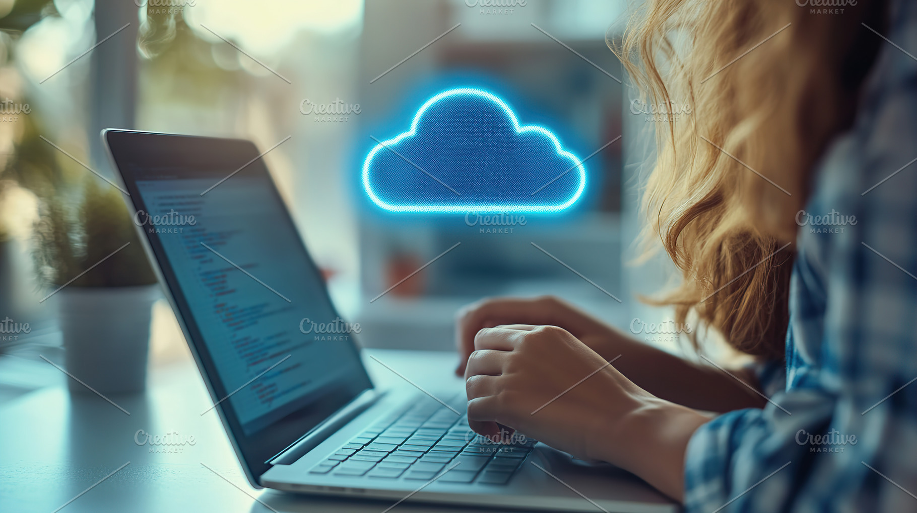Programmer working on laptop, blue hologram of cloud drive symbo, a Technology Photo by AlyaAnd