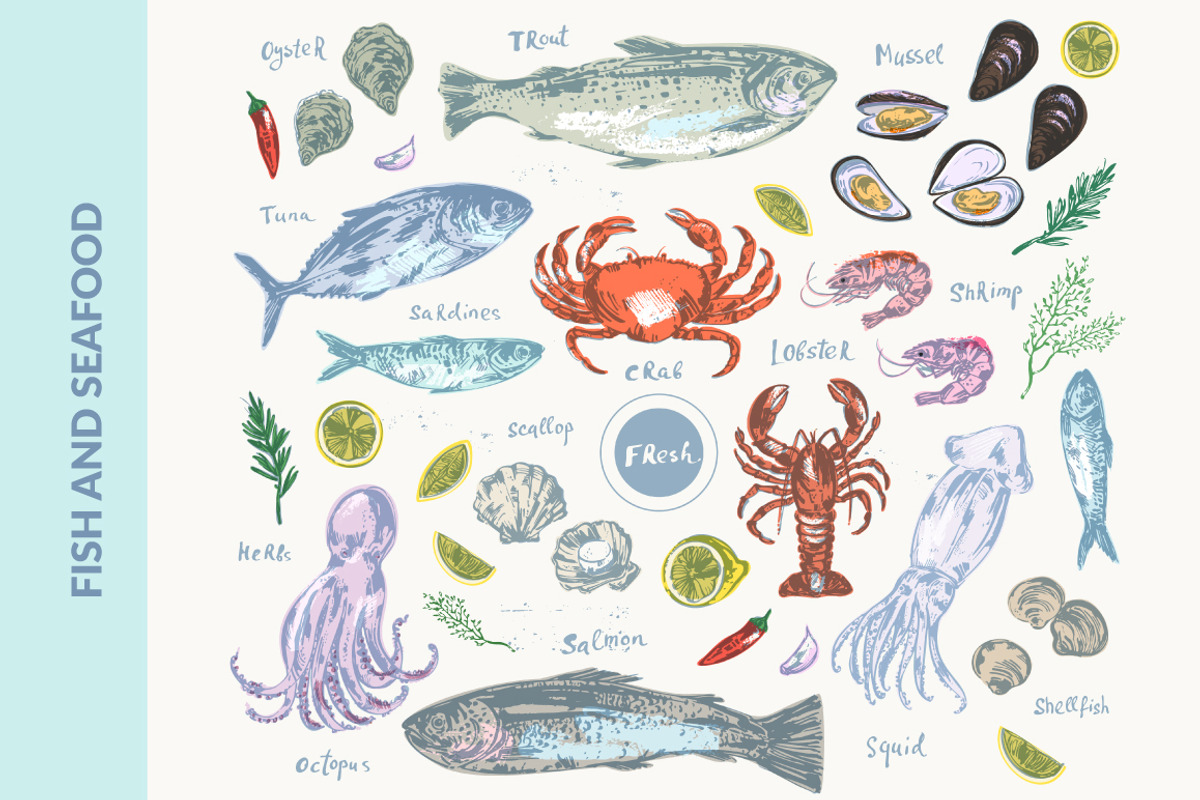 Fish and seafood set, a Food Illustration by katya.bogina