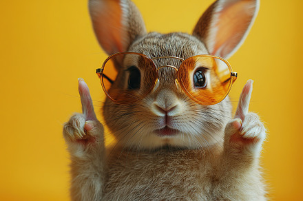 Rabbit in sunglasses poses cheerfully against a bright yellow background, an Animal Photo by AlyaAnd