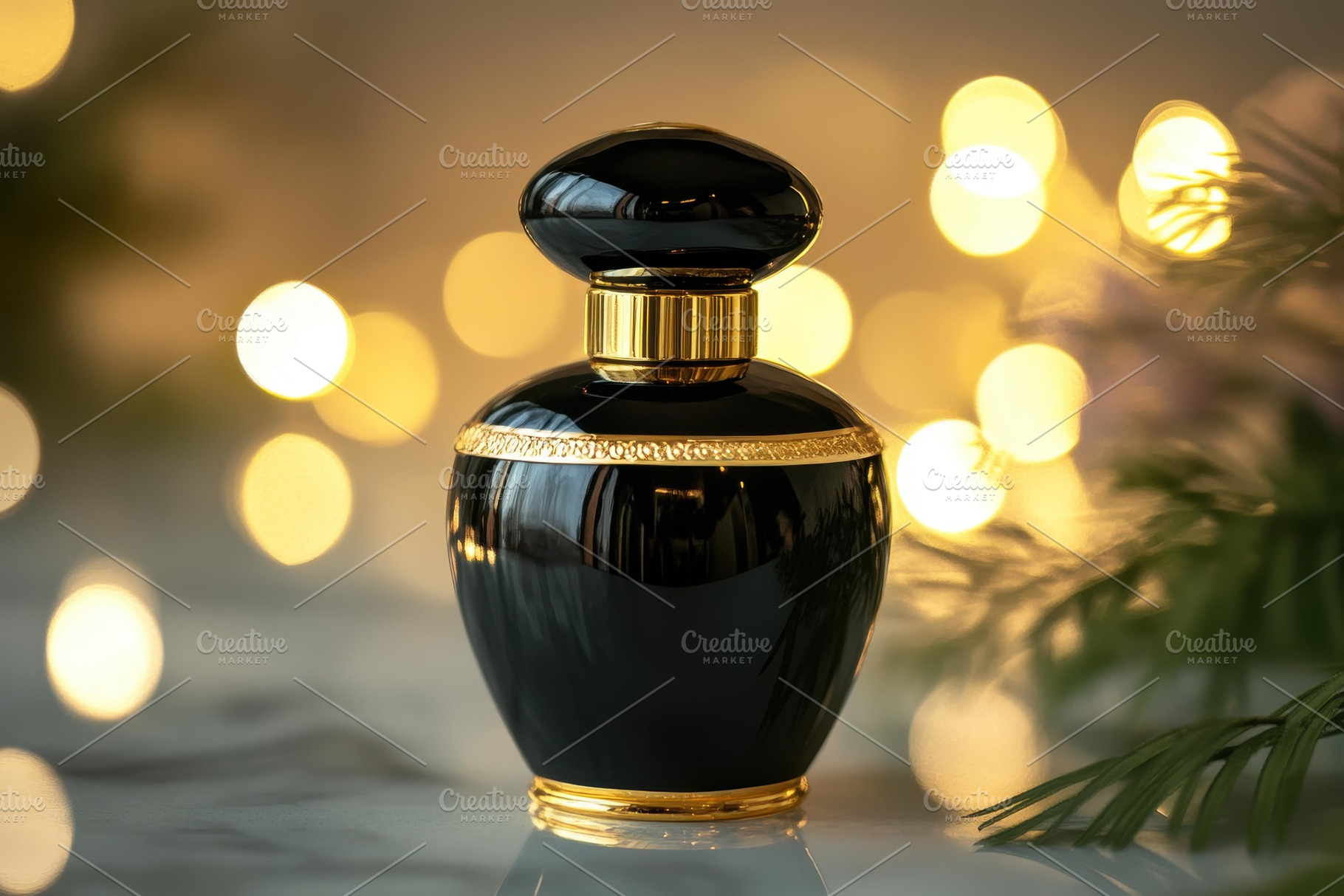 Elegant black perfume bottle with go, a Photo by Tanuart