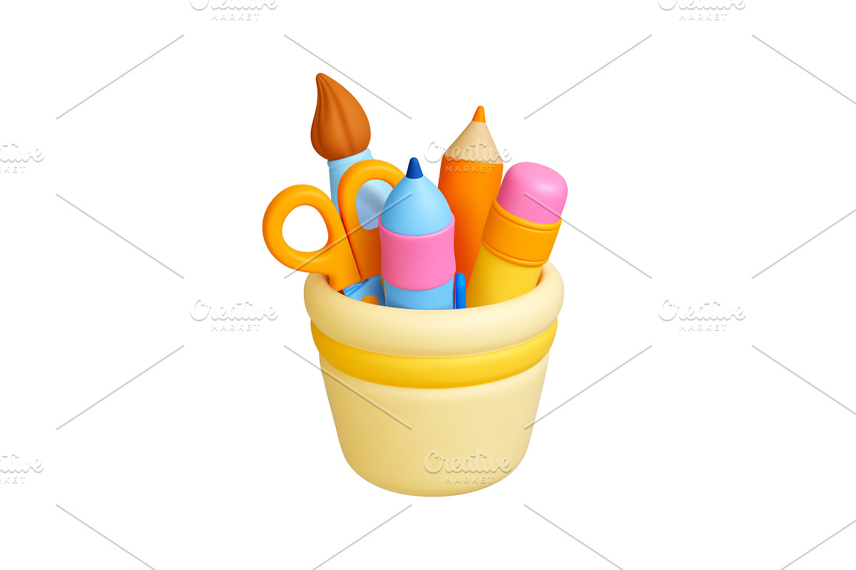 Children school stationery in cup 3d, an Education Illustration by Valerie Bodnar